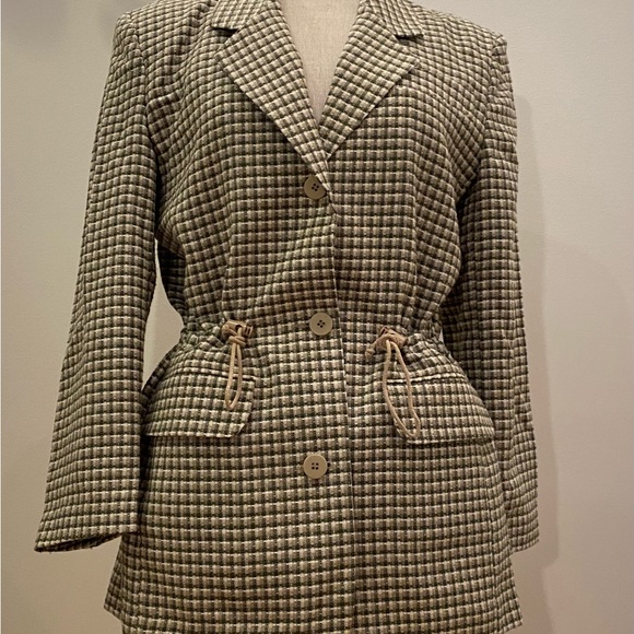 Jordan & Cole Womens Blazer w Ties to Cinch Waist / White, Green Tan Check / M - Picture 3 of 15